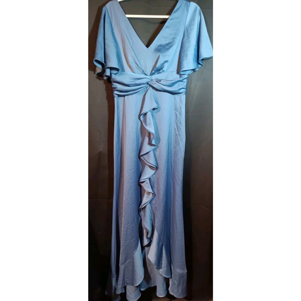 DKNY Womens Blue Satin Flutter Sleeves Evening Dress Gown Size 8 New With Tags - Picture 2 of 5